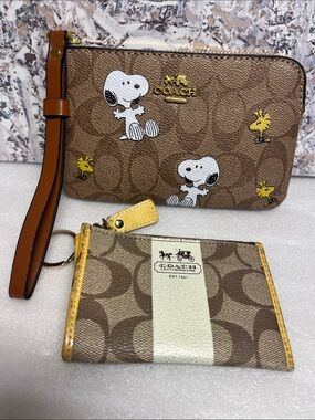 Coach X Peanuts Corner Zip Wristlet In Signature Canvas w/Snoopy Print & Other